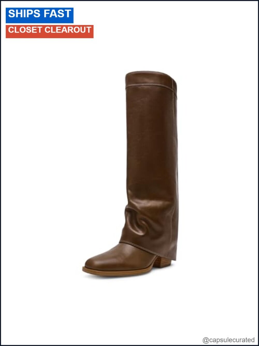 Knee High Leather Boot Fold Over Cuff Square Toe Block Heel